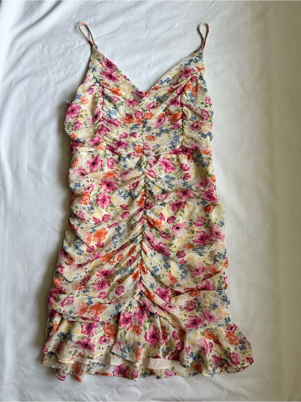 ASTR The Label Floral Ruched Flounce Mini Slip Dress -Cream Pink Blue Multicolor - Picture 6 of 14